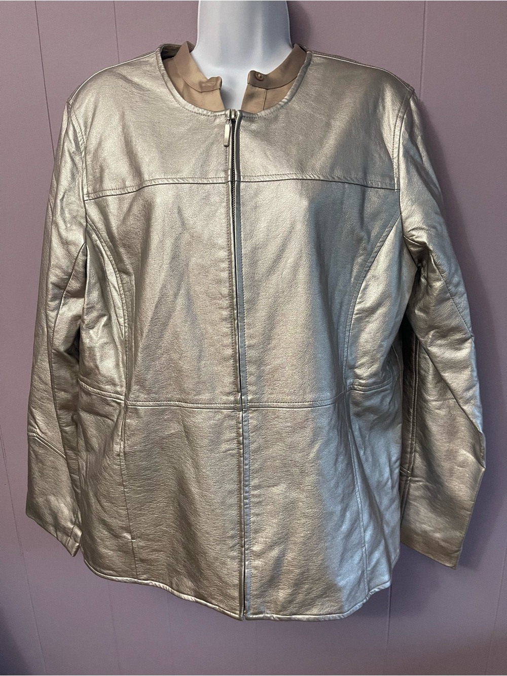 Susan Graver Metallic Silver Zip-Front Leather Jacket
